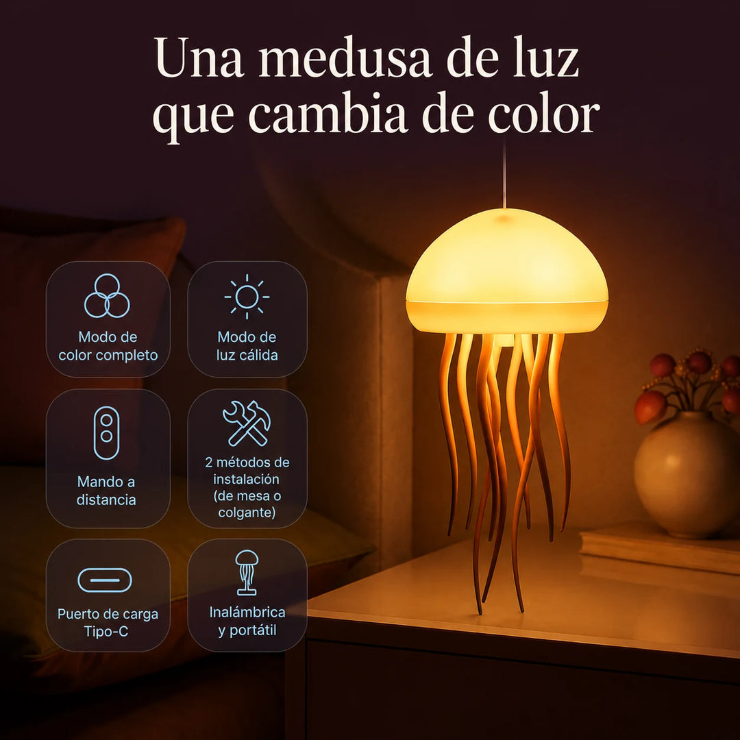 Aqua Lume encendida en luz cálida sobre una mesilla: modo de color completo, modo de luz cálida, mando a distancia, instalación de mesa o colgante, carga USB Tipo-C, inalámbrica y portátil