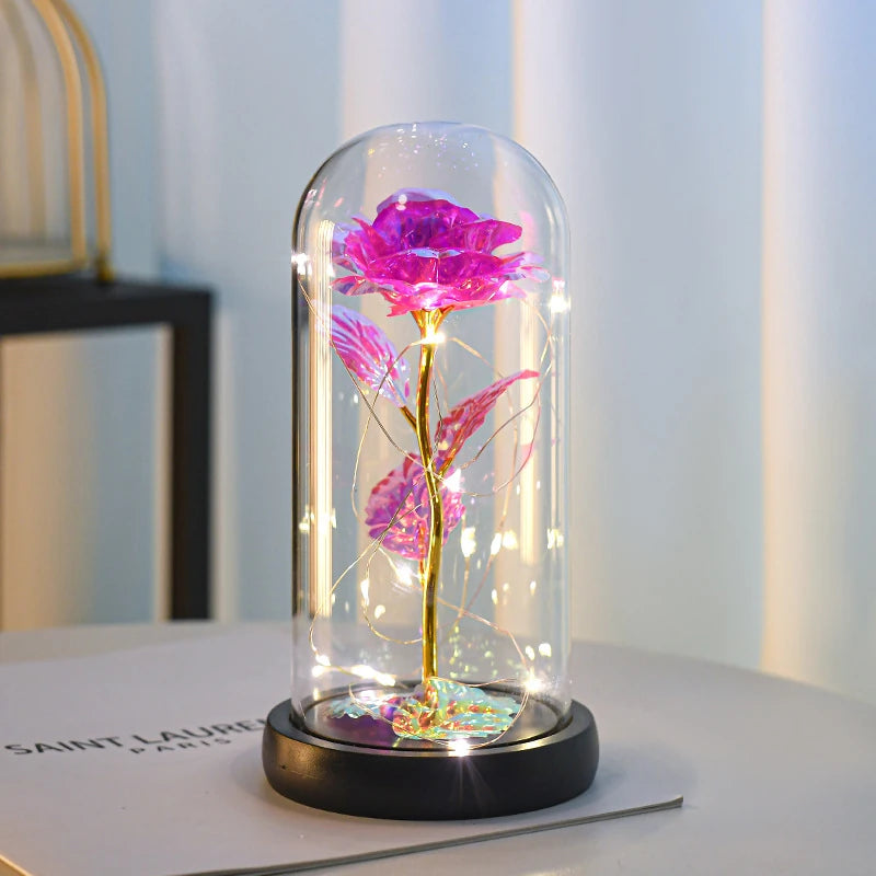 Forever Rose in pink, lit under its clear dome