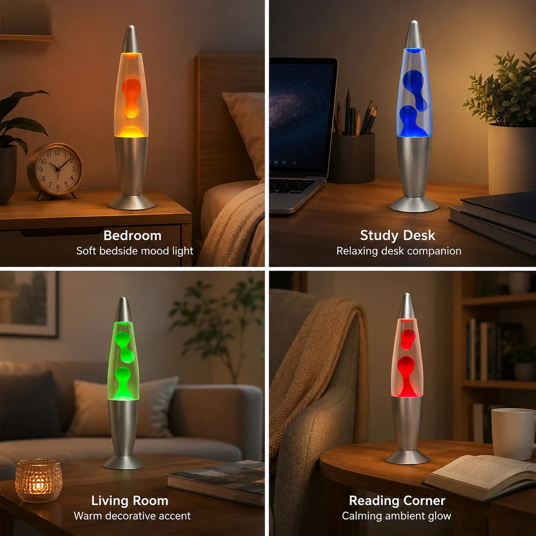 Lava Lume in a bedroom, on a desk, in a living room and a reading corner