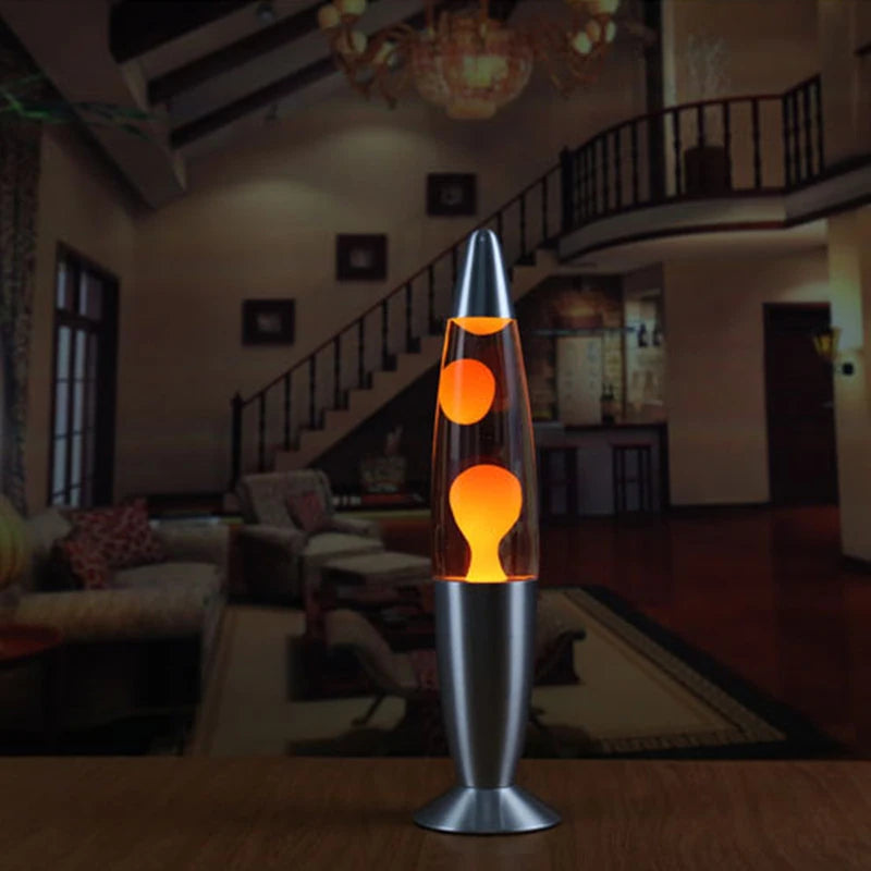 Lava Lume with orange wax in a living room