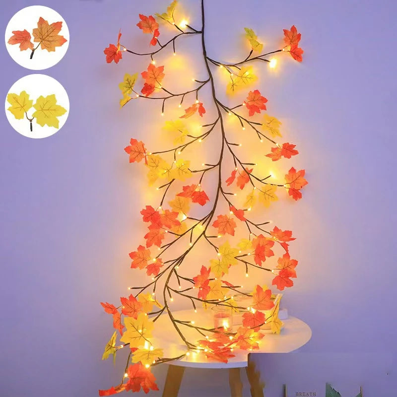 Maple Lights hanging down a wall, with the red and the yellow leaf