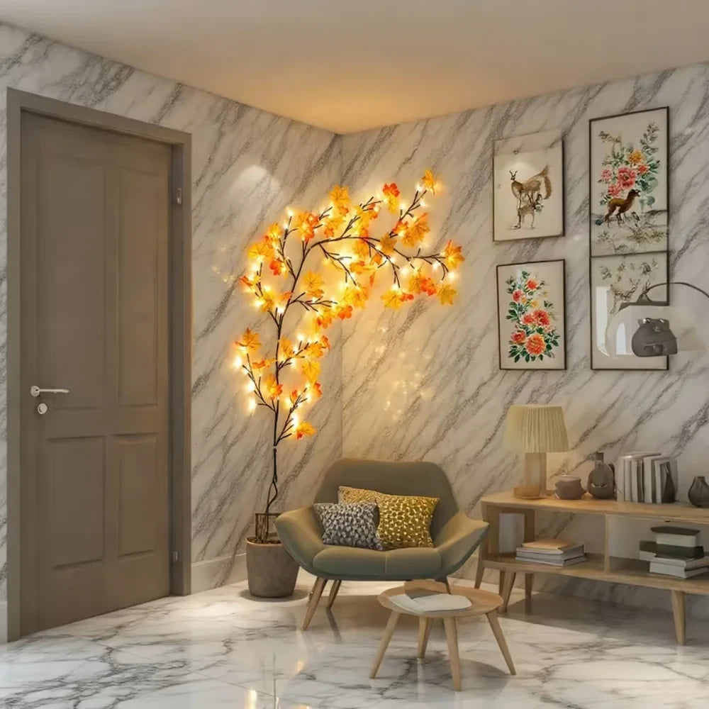 Maple Lights with warm orange leaves on a hallway wall