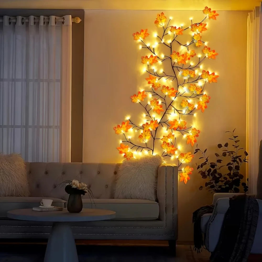 Maple Lights across a living room wall above the sofa