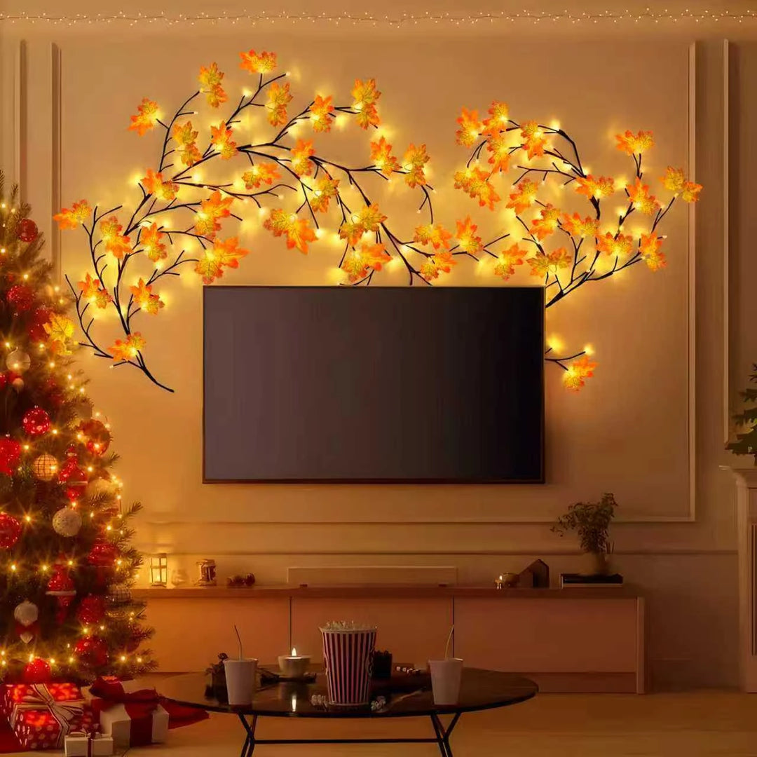 Maple Lights framing a TV wall next to a Christmas tree
