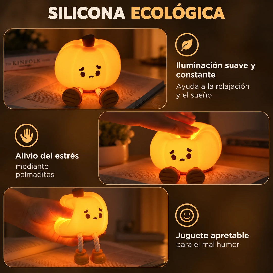 La Pumpkin Glow de silicona: luz suave y constante, se enciende con palmaditas y se aprieta como un juguete