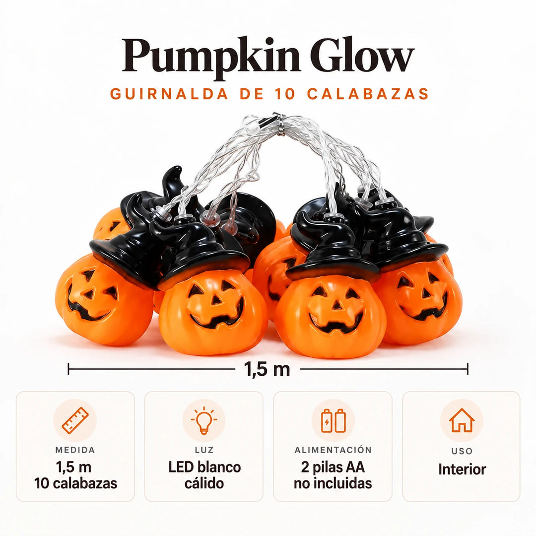Ficha de la guirnalda: 1,5 m con 10 calabazas, LED blanco cálido, 2 pilas AA no incluidas, uso interior