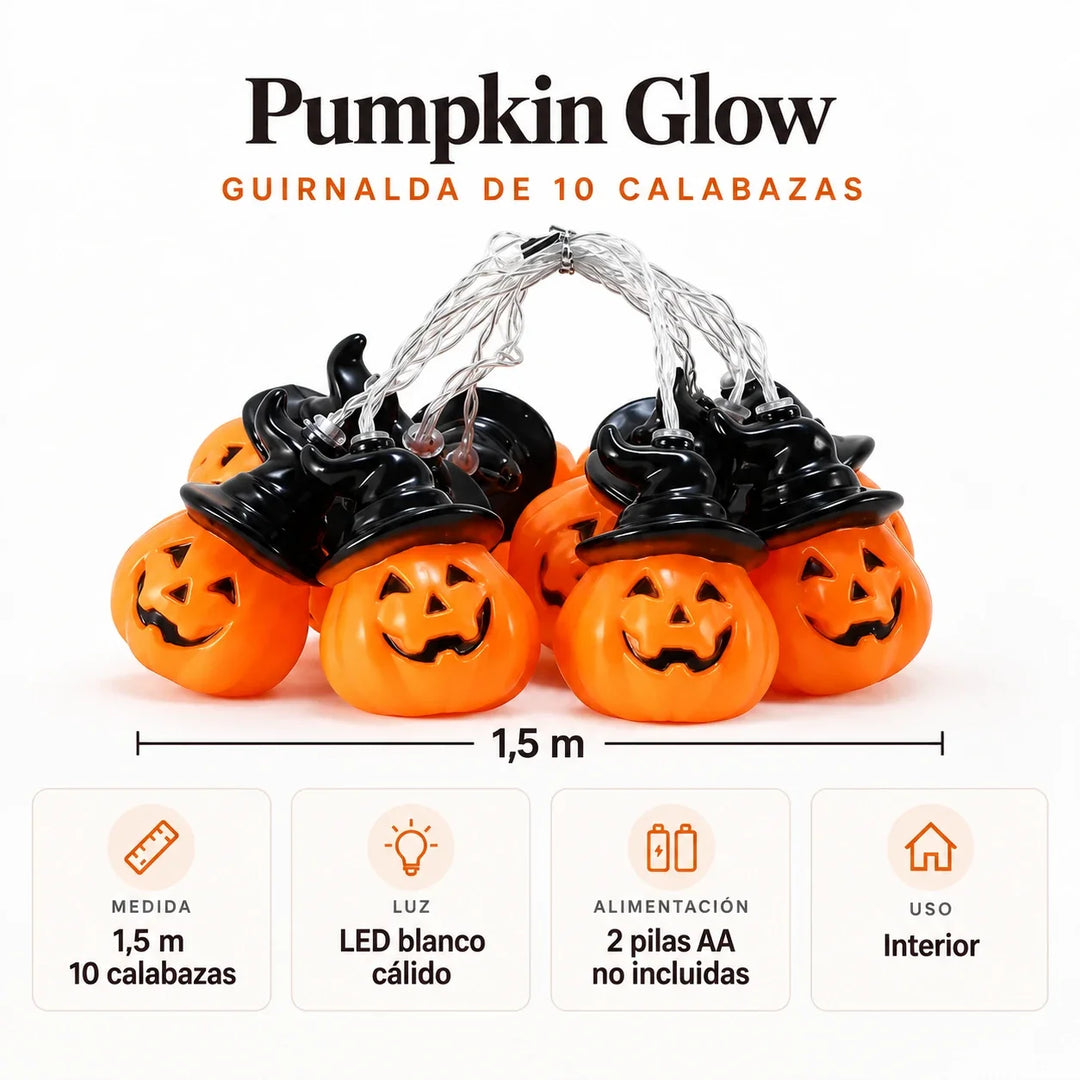 Ficha de la guirnalda del pack: 1,5 m con 10 calabazas, LED blanco cálido, 2 pilas AA no incluidas, uso interior