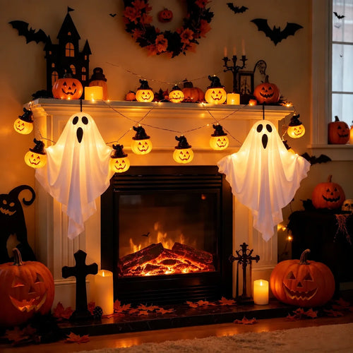 El pack puesto: la guirnalda Pumpkin Lights y los dos fantasmas colgados de la repisa de una chimenea