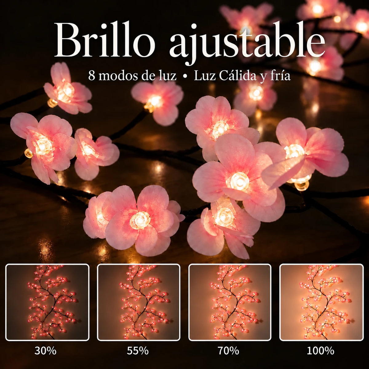 Brillo ajustable: la guirnalda Sakura en cuatro niveles de brillo, del 30 % al 100 %
