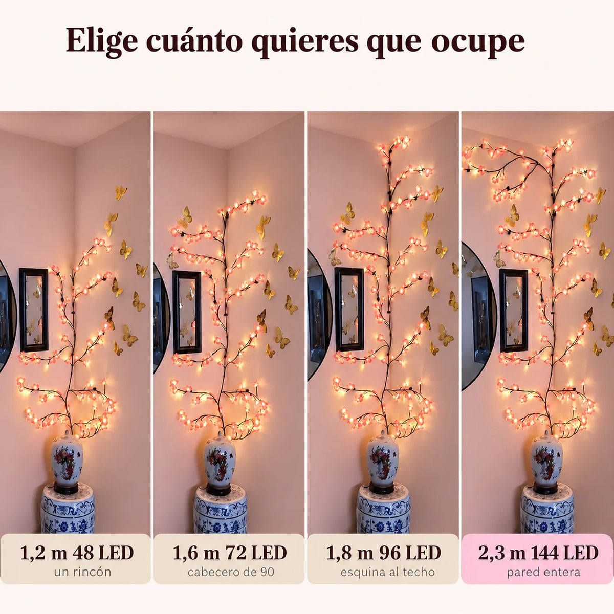 Las cuatro longitudes de la guirnalda Sakura instaladas en la misma pared: 1,2 m con 48 LED para un rincón, 1,6 m con 72 LED para un cabecero de 90, 1,8 m con 96 LED de la esquina al techo y 2,3 m con 144 LED para una pared entera