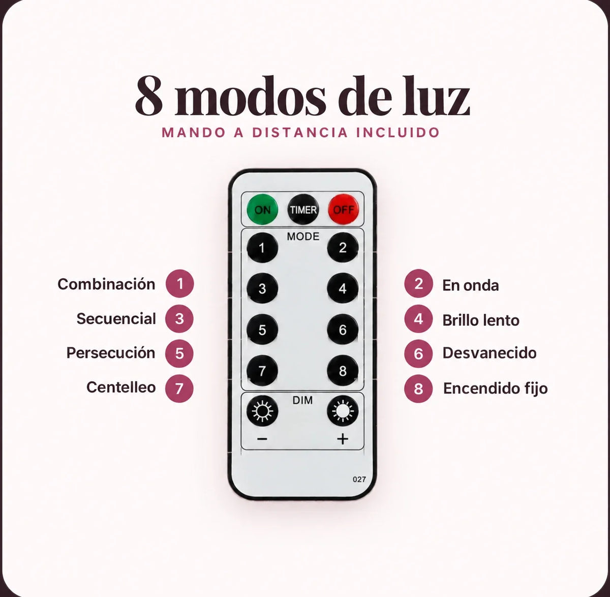 Los 8 modos de luz de la guirnalda Sakura, con el mando a distancia incluido: combinación, en onda, secuencial, brillo lento, persecución, desvanecido, centelleo y encendido fijo