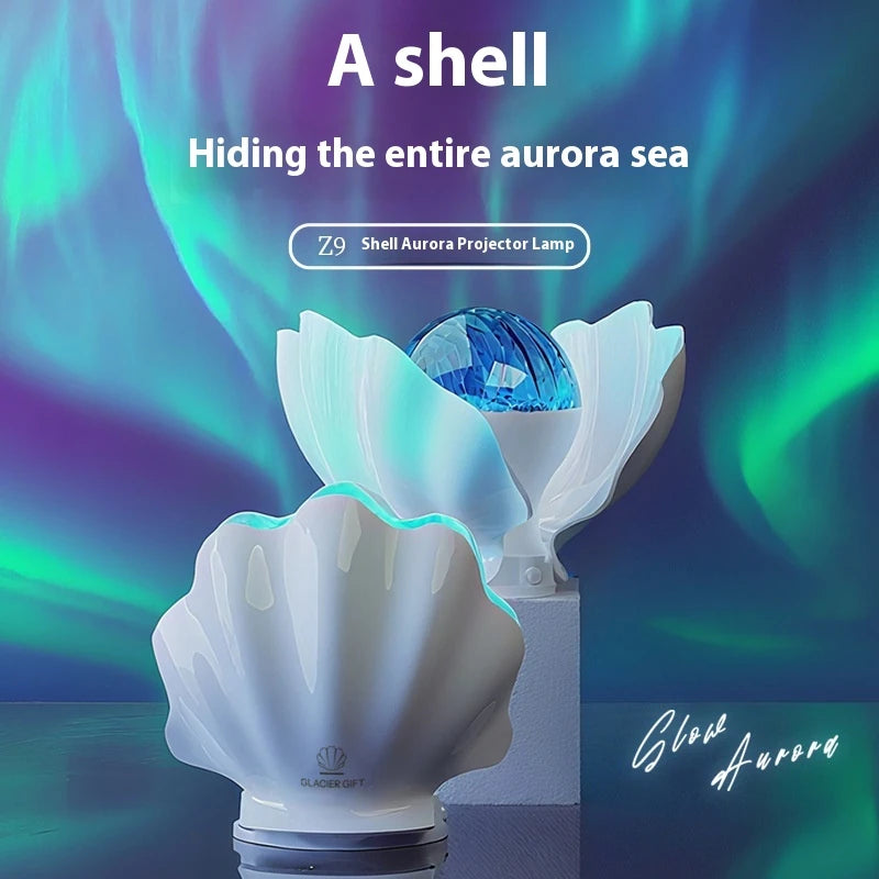 Shell Lume projecting a green and blue aurora into the room