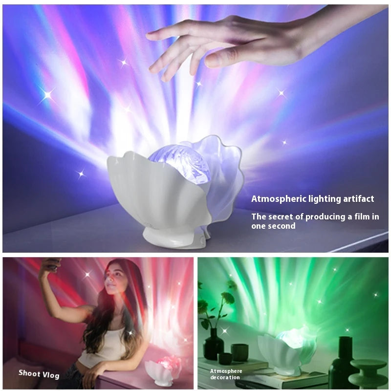 A hand above Shell Lume as it projects a purple aurora