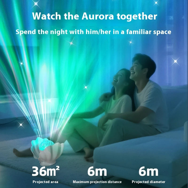 A couple watching the aurora from Shell Lume on their bedroom ceiling