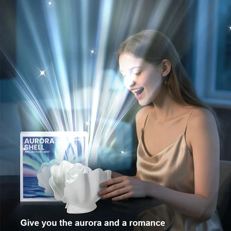 A woman smiling as Shell Lume lights the room with an aurora