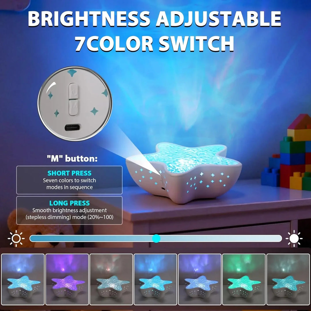 Starfish Lume brightness button and its seven projection colors
