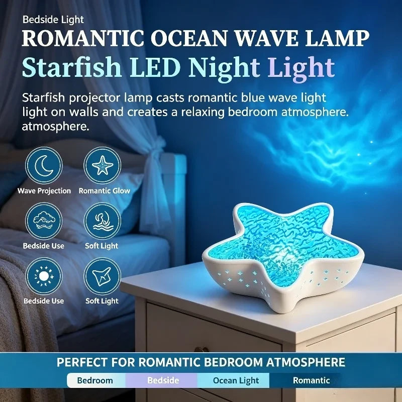Starfish Lume on a nightstand throwing blue ocean waves on the wall