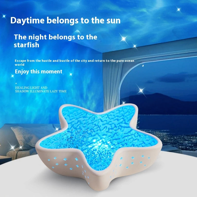 Starfish Lume projecting blue waves onto the wall behind it