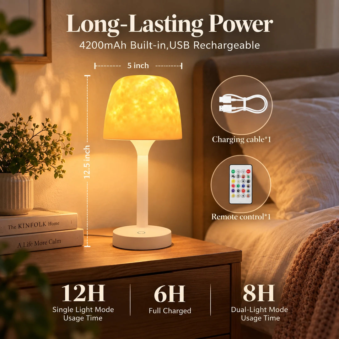 Tide Lume on a nightstand, showing its size, the remote control and the USB charging cable