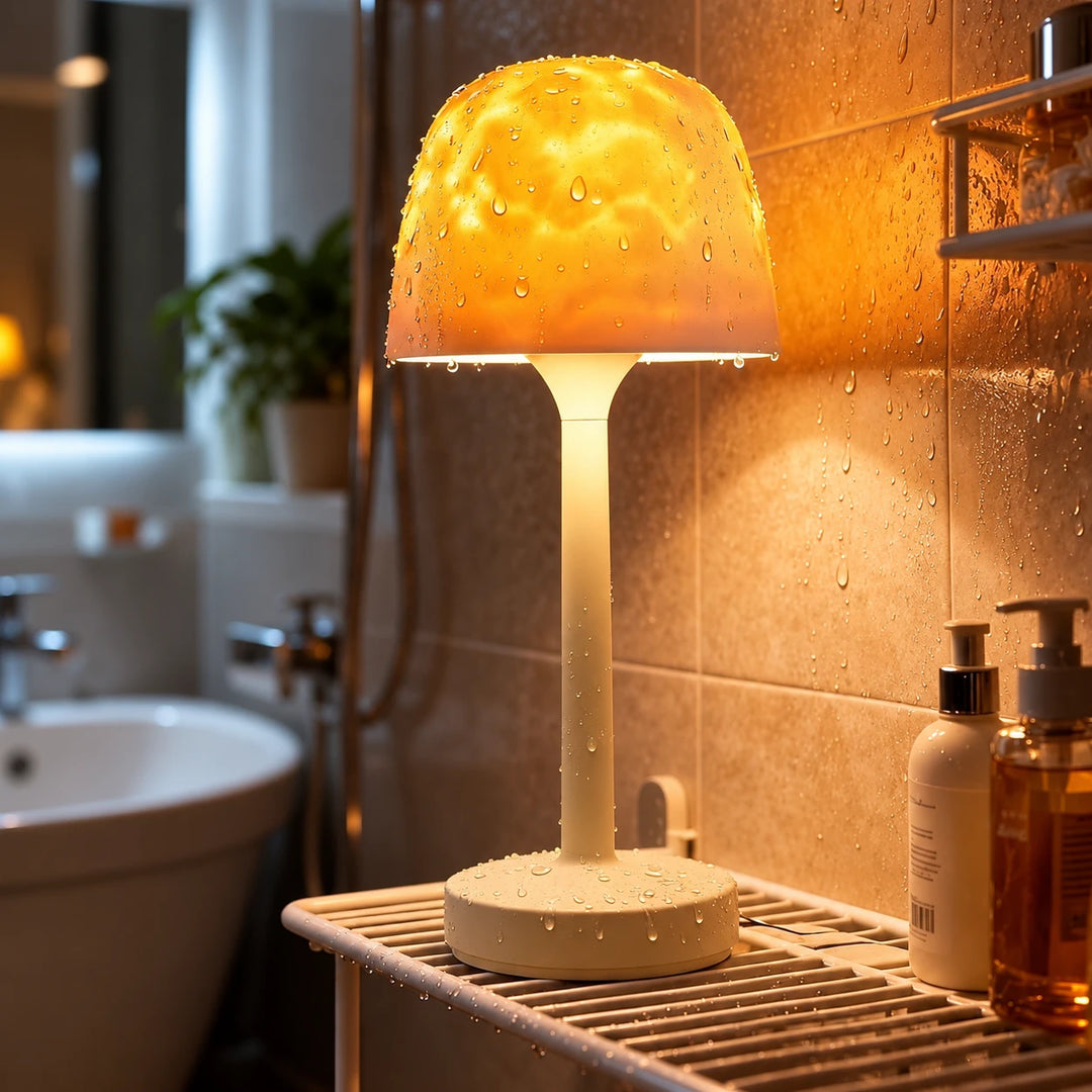 Tide Lume lit in amber on a bathroom shelf, beaded with water after a shower