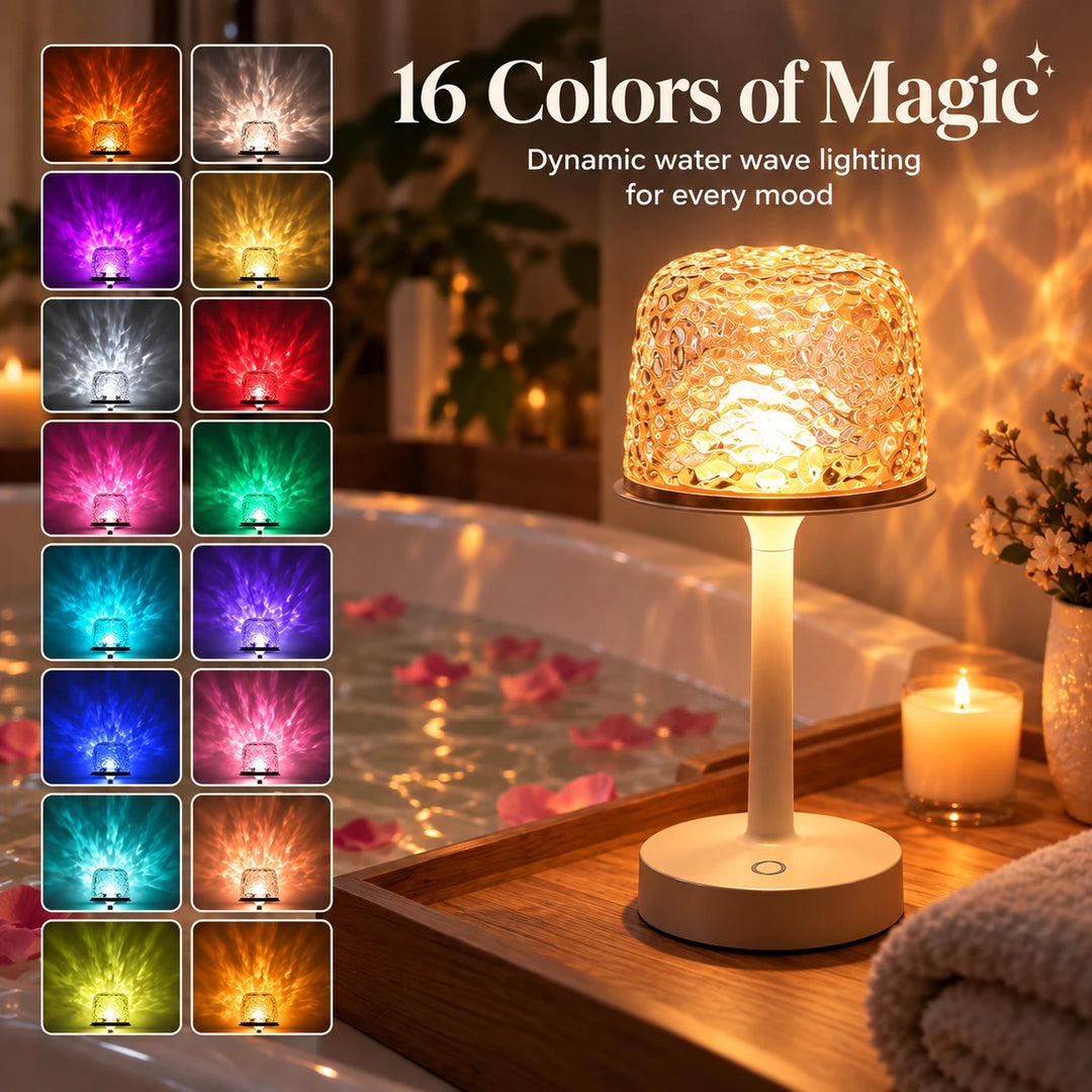Tide Lume in warm amber beside a bath, with its sixteen light colors shown alongside