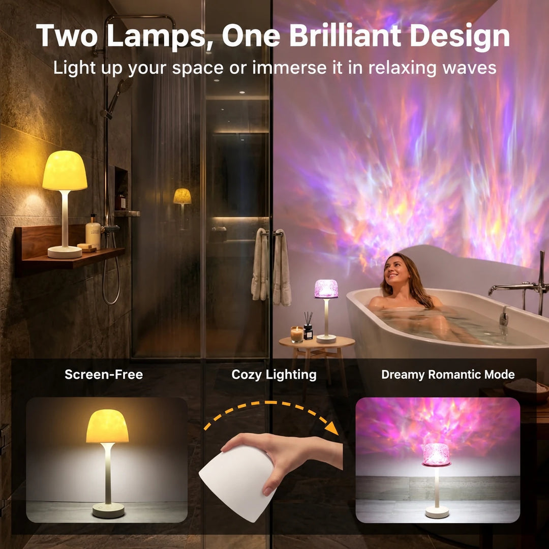 Tide Lume as two lamps: the soft shade on for warm light, lifted off for the water projection