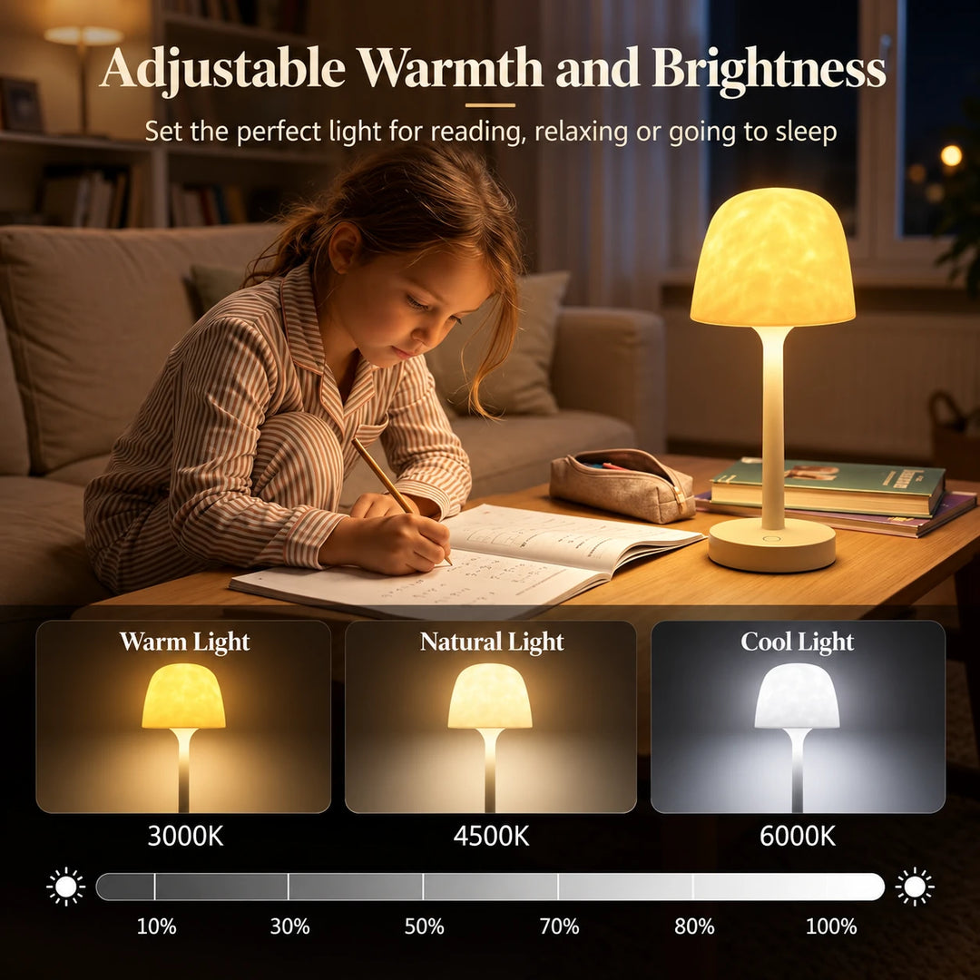 Tide Lume lighting a table for homework, with its three white tones and its brightness steps