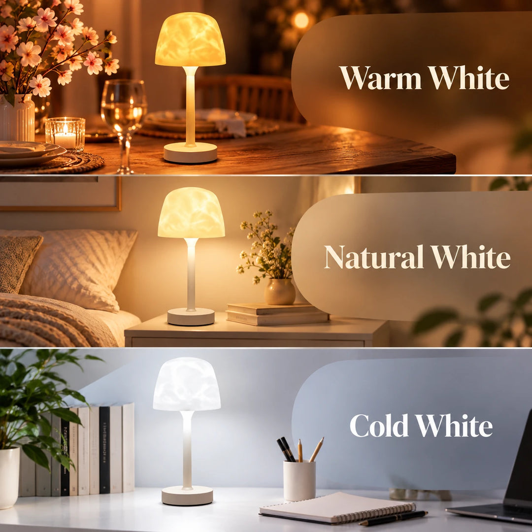 Tide Lume in warm white on a dinner table, natural white on a nightstand and cold white on a desk