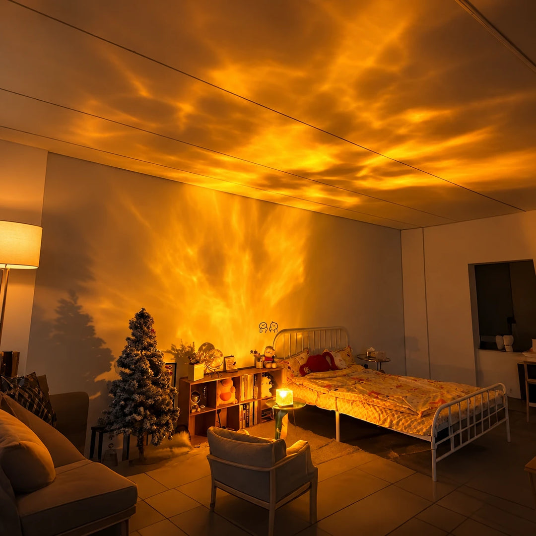 El Wave Lume en ámbar llenando un dormitorio de ondas, techo y pared