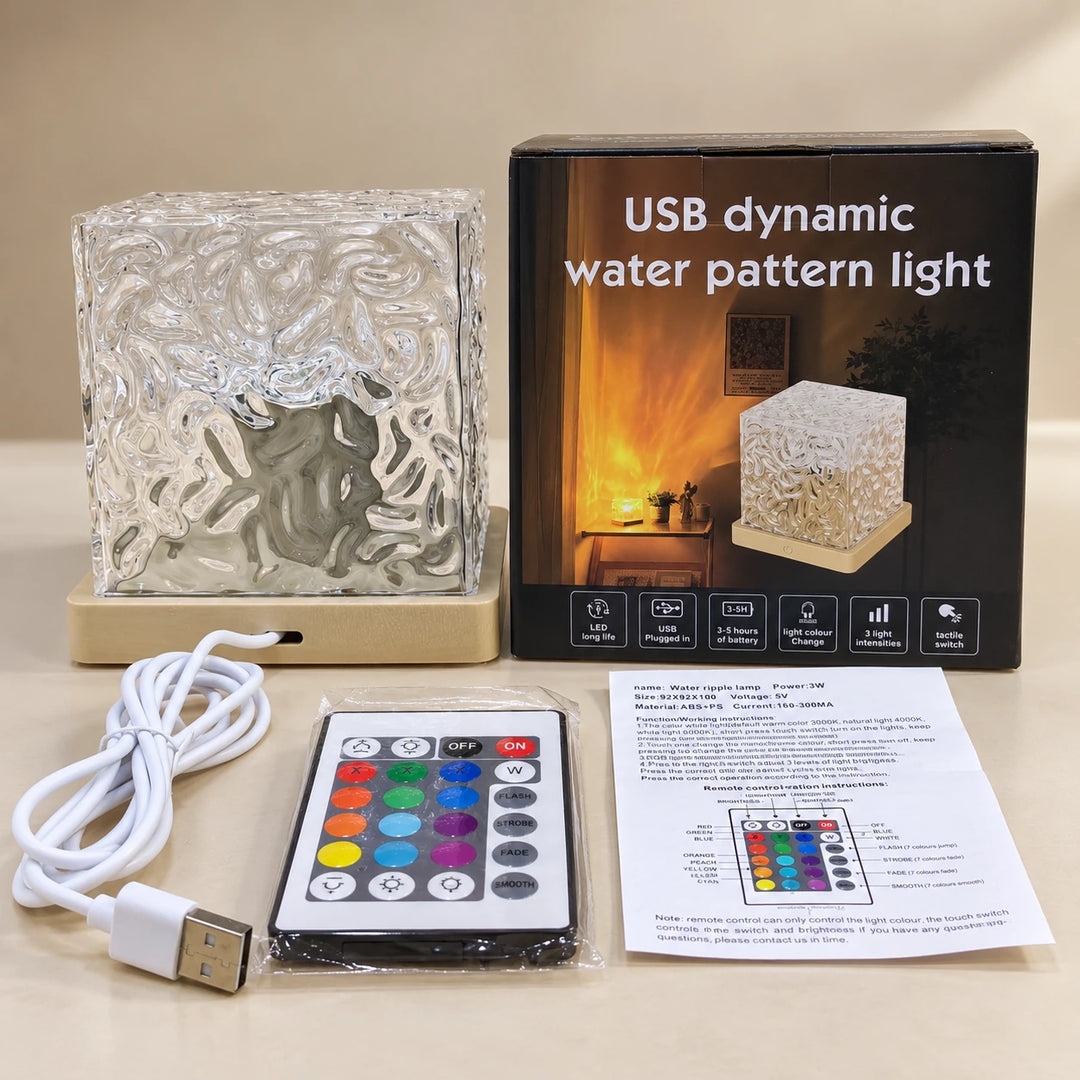 Lo que trae la caja del Wave Lume: el cubo, el mando, el cable USB y las instrucciones