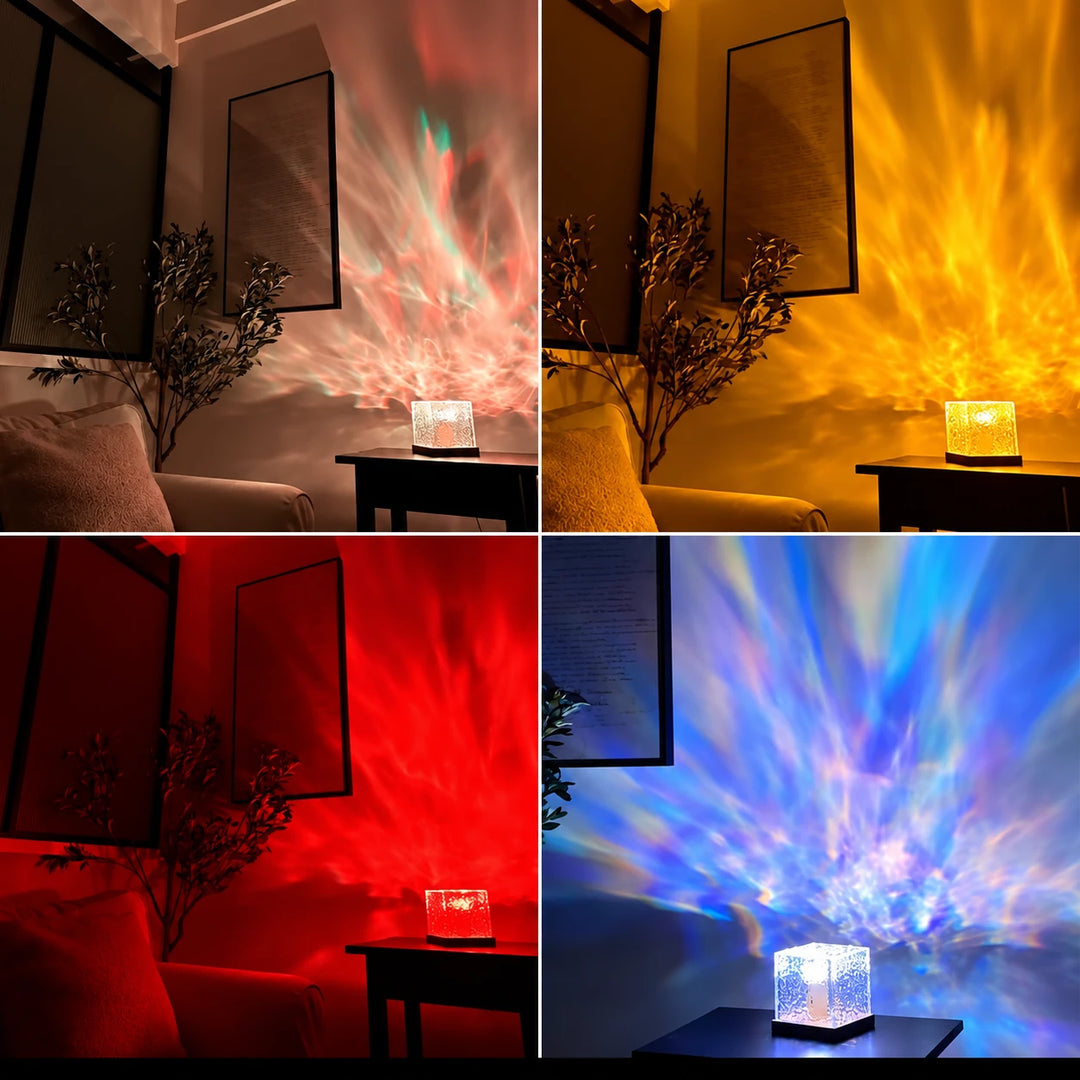 El Wave Lume en un salón, con la pared en blanco cálido, ámbar, rojo y azul