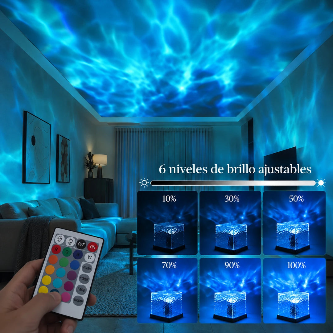 Los seis niveles de brillo del Wave Lume, con las ondas azules en el techo
