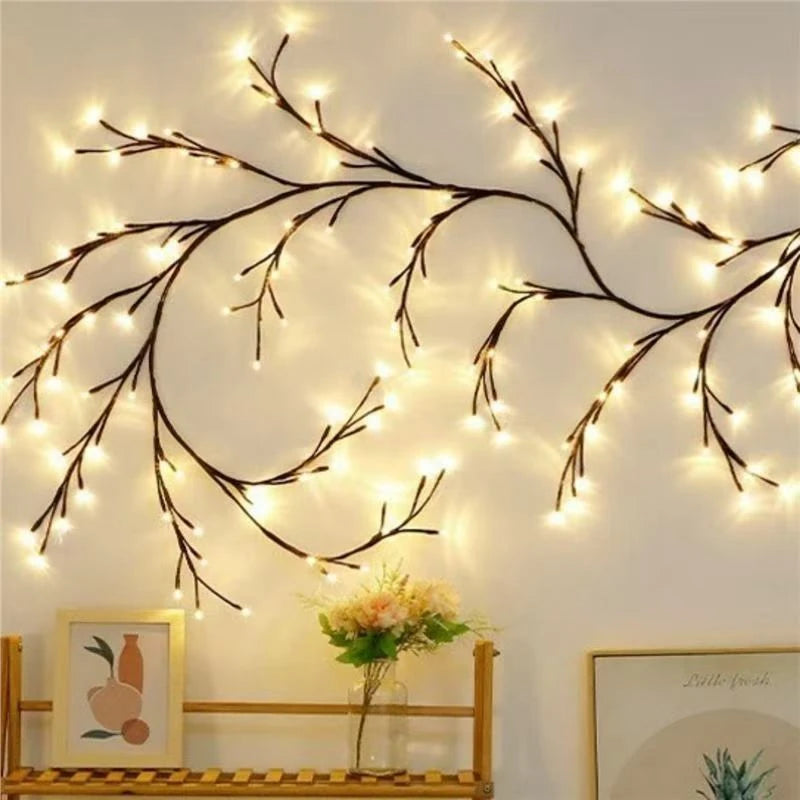 Willow Lights spread across a wall above a wooden shelf